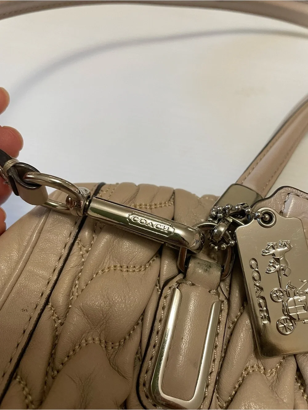 Coach Madison Gathered Chevron Leather Madeline Satchel Soft Putty Beige